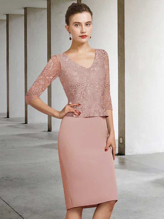 Wholesale Mother of the Bride Dress Elegant Jewel Neck Knee Length Lace Stretch Fabric Half Sleeve with Appliques